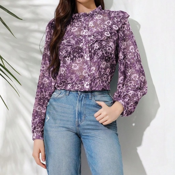 Boho Floral Print Button Down loose Fit Long Sleeve Blouse - Picture 10 of 15